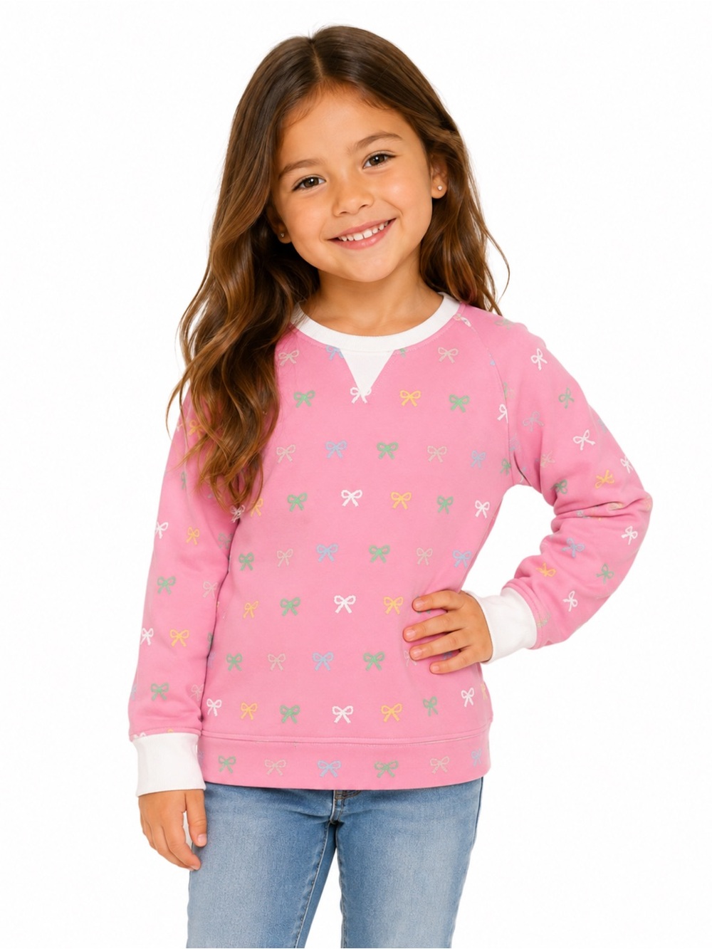 NWOT TBBC Girls Pink Bow Print Pullover Sweatshirt